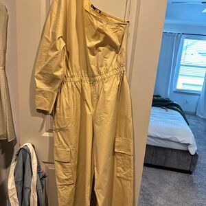 Sand color Zara One-Shoulder Jumpsuit